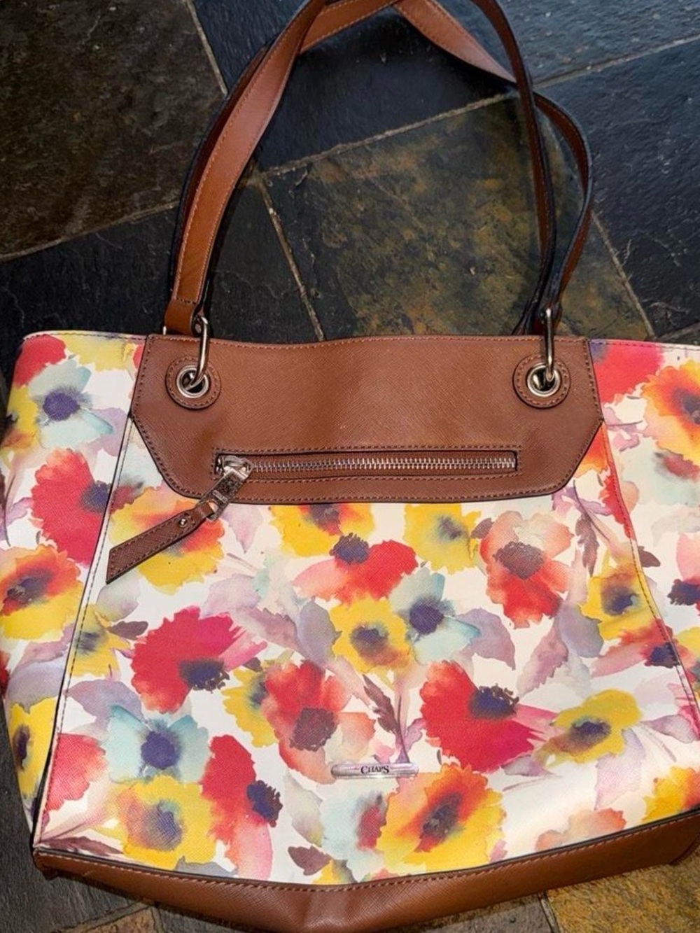 Chaps Multicolor Floral Tote with Brown Trim